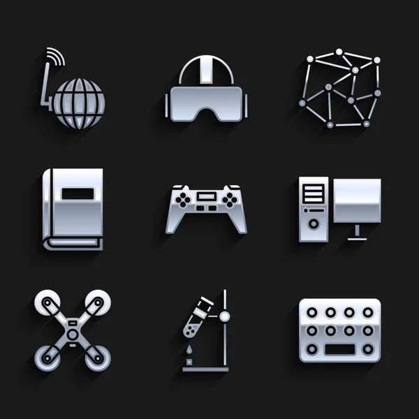 Set Gamepad, Test tube flask on fire, Pills in blister pack, Computer monitor, Drone flying, User manual, Neural network and Social icon. Vector — Vettoriale Stock