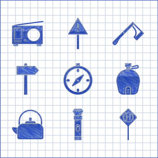 Set Compass, Flashlight, Parking, Canteen water bottle, Kettle with handle, Road traffic signpost, Wooden axe and Radio antenna icon. Vector — ストックベクタ