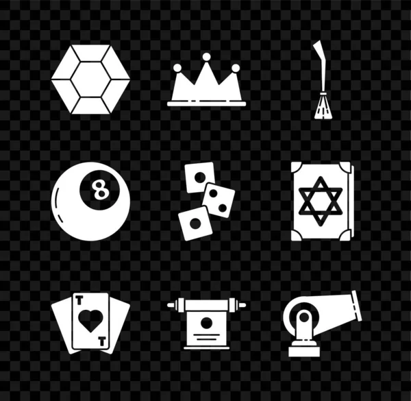 Set Magic stone, Crown, Witches broom, Playing cards, scroll, Cannon, ball of predictions and Game dice icon. Vector — 스톡 벡터