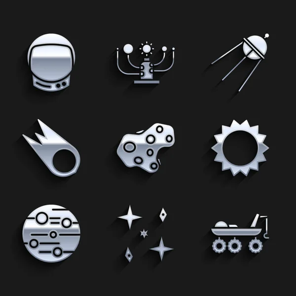 Set Asteroid, Falling stars, Mars rover, Sun, Planet, Comet falling down fast, Satellite and Astronaut helmet icon. Vector — Vettoriale Stock