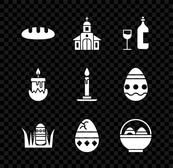 Set Bread loaf, Church building, Wine bottle with glass, Easter egg, Cracked, Basket easter eggs, Burning candle and candlestick icon. Vector — Vector de stock