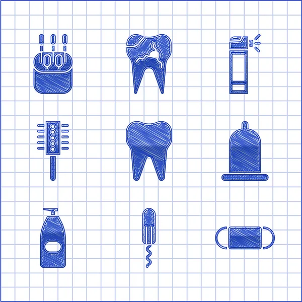 Set Tooth, Sanitary tampon, Medical protective mask, Condom, Bottle of liquid antibacterial soap, Hairbrush, with nozzle spray and Cotton swab for ears icon. Vector — Stock Vector