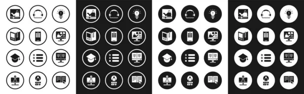 Set Light bulb with concept of idea, Mobile phone, Open book, Online education, Headphones, monitor and Graduation cap globe icon. Vector — Διανυσματικό Αρχείο