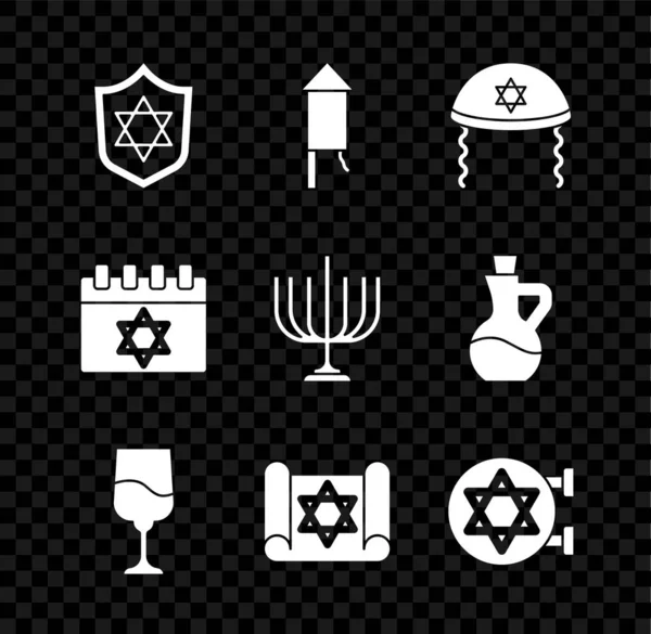 Set Shield with Star of David, Firework rocket, Jewish kippah, goblet, Torah scroll, synagogue, calendar and Hanukkah menorah icon. Vector — Stockvektor