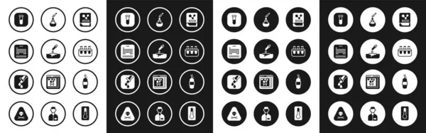Set Chemistry book, Petri dish with pipette, Periodic table, Test tube and flask, Propane gas tank and icon. Vector — 图库矢量图片