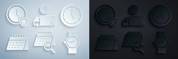 Set Calendar search, Clock, Wrist watch, Delivery time and with shield icon. Vector — Vector de stock