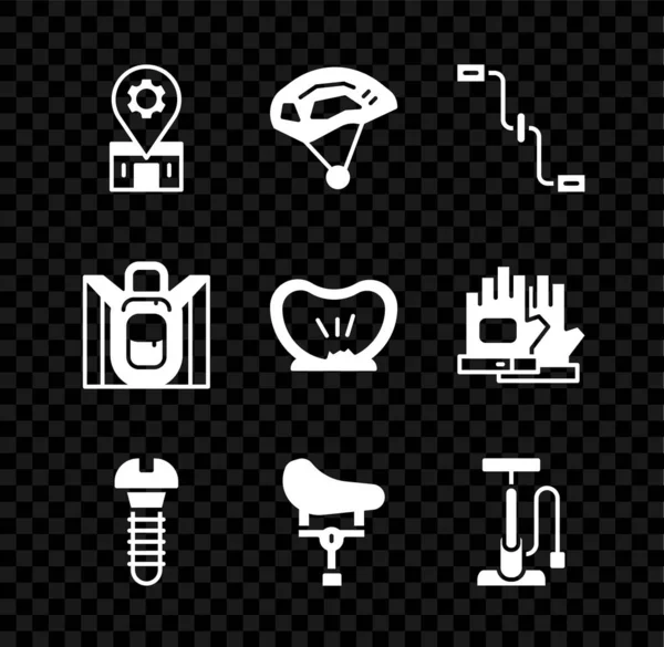 Set Bicycle repair service, helmet, pedals, Metallic screw, seat, pump, Hiking backpack and punctured tire icon. Vector — Stockvector