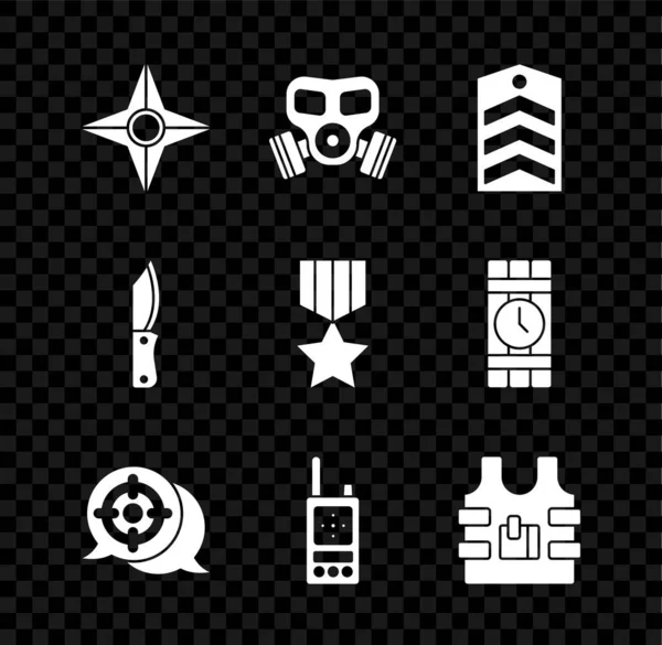 Set Japanese ninja shuriken, Gas mask, Chevron, Target sport, Walkie talkie, Bulletproof vest, Military knife and reward medal icon. Vector — Stockvektor