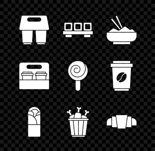 Set Coffee cup to go, Sushi on cutting board, Rice bowl with chopstick, Doner kebab, Chicken leg package box, Croissant, and Lollipop icon. Vector —  Vetores de Stock