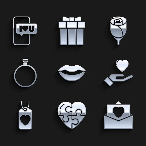 Set Smiling lips, Heart, Envelope with Valentine heart, hand, tag, Diamond engagement ring, Flower rose and Mobile icon. Vector — Διανυσματικό Αρχείο