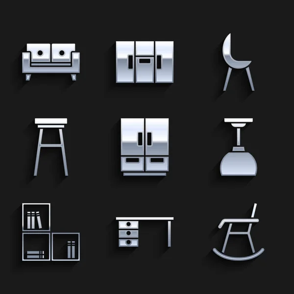 Set Wardrobe, Office desk, Armchair, Lamp hanging, Shelf with books, Chair, and Sofa icon. Vector — 图库矢量图片