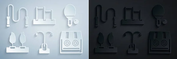 Set Street light, Racket and ball, Forest, Shooting gallery, Horizontal bar and Jump rope icon. Vector — Vettoriale Stock