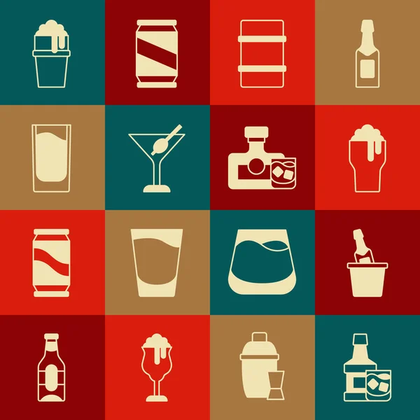 Set botella de whisky y vidrio, champán en cubo de hielo, vaso de cerveza, barril de metal, Martini, Shot, y el icono. Vector — Vector de stock