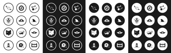 Set Smoking pipe, Pirate hat, captain, eye patch, Shark fin ocean wave, Compass, and treasure map icon. Vector — стоковый вектор