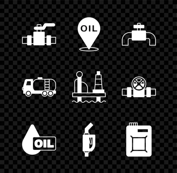 Set Metallic pipes and valve, Refill petrol fuel location, Oil drop, Gasoline pump nozzle, Canister for motor oil, Tanker truck and platform the sea icon. Vector — Vector de stock