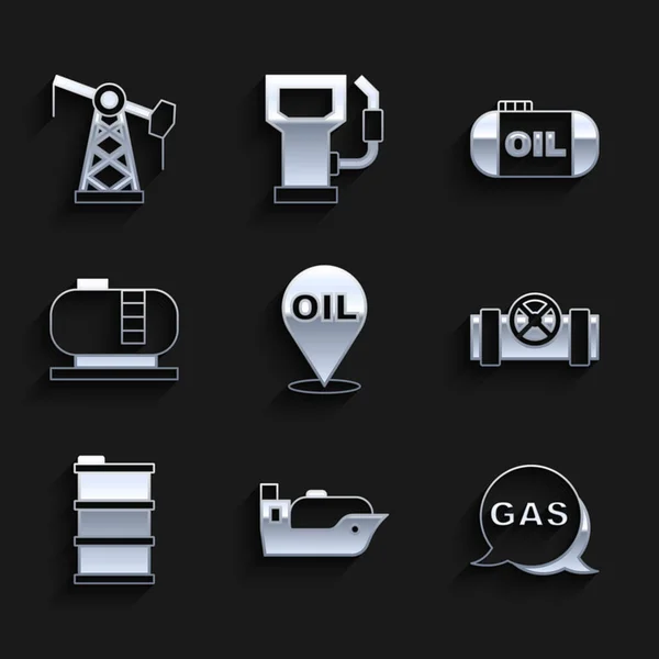 Set Refill petrol fuel location, Oil tanker ship, Location and gas station, Metallic pipes valve, Barrel oil, storage, and pump pump jack icon. Vector — Image vectorielle