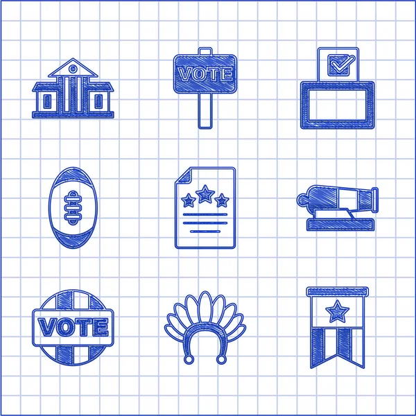 Set Declaration of independence, Indian headdress with feathers, American flag, Cannon, Vote, Football ball, box and White House icon. Vector — Vector de stock