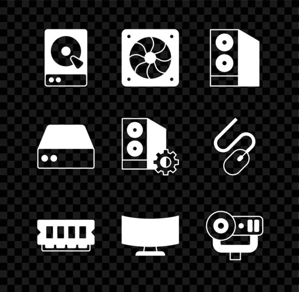 Set Hard disk drive HDD, Computer cooler, Case of computer, RAM, random access memory, monitor screen, Web camera, Server, Data, Hosting and icon. Vector — 图库矢量图片