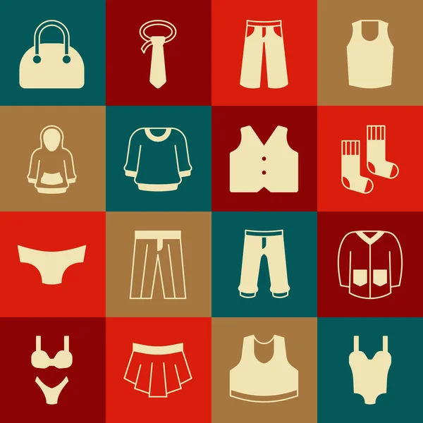Set Swimsuit, Sweater, Socks, Pants, Hoodie, Handbag and Waistcoat icon. Vector — ストックベクタ