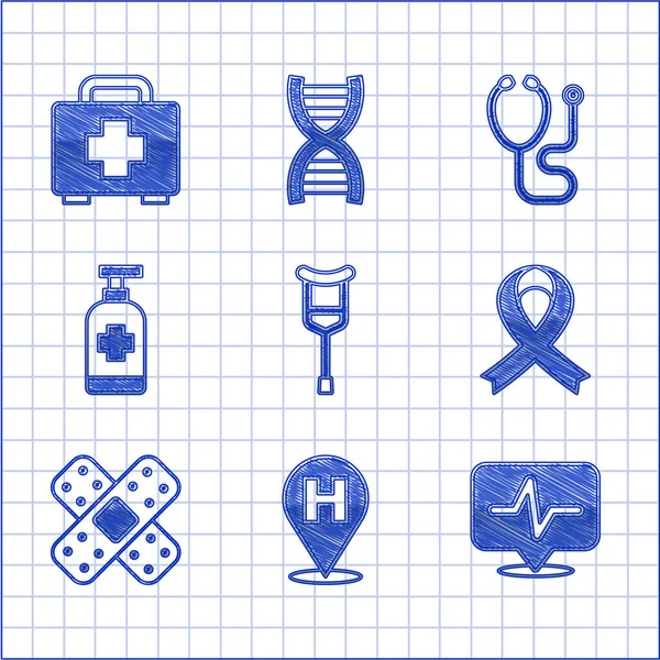 Set Crutch or crutches, Location hospital, Heart rate, Awareness ribbon, Crossed bandage plaster, Antibacterial soap, Stethoscope and First aid kit icon. Vector — Vetor de Stock