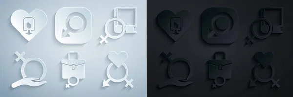 Set Work for female, Book about women, Female gender, Gender, Male and Heart with icon. Vector —  Vetores de Stock