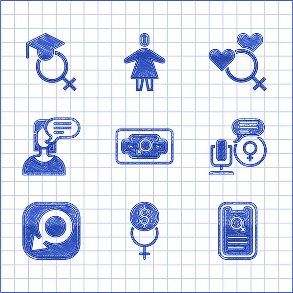 Set Money growth woman, Feminism finance, Dating app, Microphone, Male gender, Female opinion, and Teacher icon. Vector — Stockový vektor