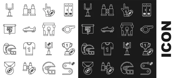 Set line Planning strategy concept, Award cup and American football ball, Whistle, Number 1 one fan hand glove with finger raised american, Soccer or shoes spikes, goal post and shorts icon. Vector — Image vectorielle