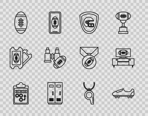 Set line Planning strategy concept, American helmet and shield, Locker changing room for football, basketball team workers, Football, Binoculars american, Whistle and tv program stand icon. Vector — Stockvector