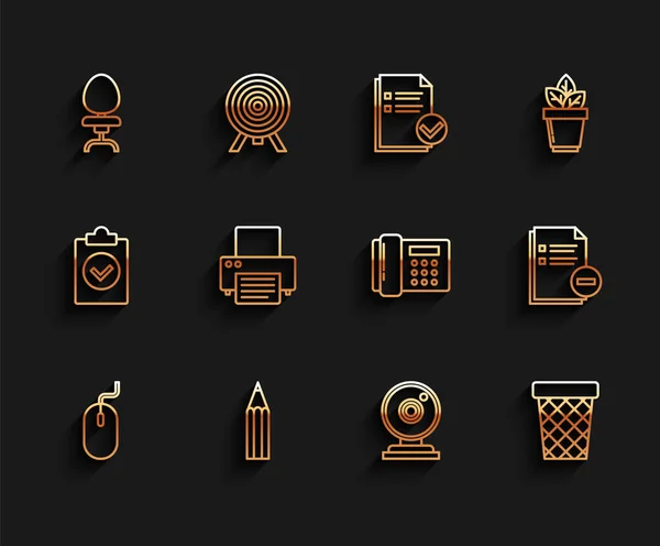 Set line Computer mouse, Pencil, Office chair, Web camera, Trash can, Printer, Document with minus and Telephone icon. Vector — Image vectorielle