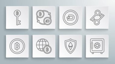 Set line Cryptocurrency coin Bitcoin, exchange, Globe and cryptocurrency, Shield Ethereum ETH, Safe, Dash, key and icon. Vector