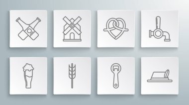 Set line Glass of beer, Windmill, Cereals set with rice, wheat, corn, oats, rye, barley, Bottle opener, Oktoberfest hat, Pretzel, Beer tap and Crossed bottle icon. Vector