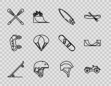 Hat kaykayı, tüm arazi araçları ya da ATV motosikleti, sörf tahtası, miğfer, çapraz raket, paraşüt, bisiklet kaskı ve park simgesi. Vektör
