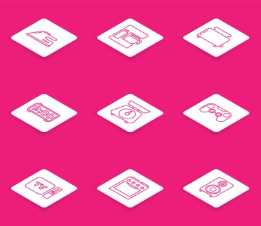 Set line Electric iron, Coffee machine with glass pot, Toaster toasts, Digital alarm clock, Scales, Gamepad, TV box receiver and player remote controller and Oven icon. Vector