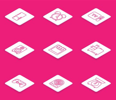 Hat Buzdolabı, alarm saati, TV kutusu alıcısı ve uzaktan kumandalı oyuncu, Stereo hoparlörü, fırın, mutfak kıyma makinesi, Gamepad ve elektrikli ısıtıcı ikonu. Vektör