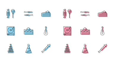 Piramit kulesine dizilmiş şarap kadehleri, parti şapkası, lolipop, Firework roketi, pasta, gitar, vinil diskli vinil çalar ve ızgara şiş kebap ikonu. Vektör
