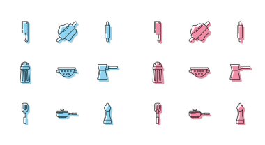 Set line Spatula, Frying pan, Meat chopper, Pepper, Kitchen colander, Coffee turk, Salt and Rolling pin icon. Vector