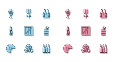 Set line Military helmet, Gas mask, Human target sport for shooting, Bullet, ammunition box, Hand grenade, dog tag and reward medal icon. Vector