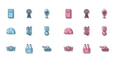 Set line Military reward medal, Bulletproof vest for protection from bullets, Police assault shield, tank, Detonate dynamite bomb stick, helmet and Radar icon. Vector