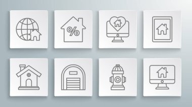 Set line House, with percant discount tag, Warehouse, Fire hydrant, Computer monitor smart home, Monitor in heart shape, Tablet and and Globe symbol icon. Vector