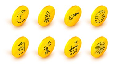 Dünya yapısı, Mars gezgini, Teleskop, Gezegen, Işın Silahı, Ateşli Roket Gemisi, Ay ve yıldız ikonu. Vektör