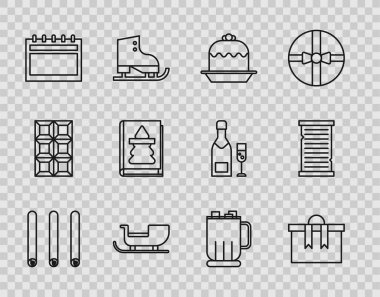 Set line Three rolled sticks of cinnamon, Gift box, Cake, Christmas santa claus sleigh, Calendar, book, Hot chocolate cup with marshmallows and wish list template icon. Vector