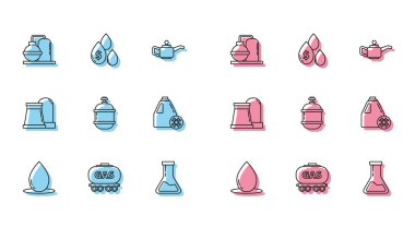 Yağ damlası, benzin deposu, gaz endüstriyel fabrika binası, tüp tüpü, propan tüpü, antifriz kutusu ve dolar sembolü ikonu. Vektör