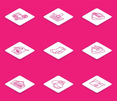 Set line Money cash and coin, Shopping basket, Telephone 24 hours support, Discount percent tag, Socks, Hanging sign with Closed and Perfume icon. Vector