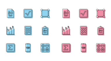 Set line Geometric figure Square, Book with word mathematics, Calculator, root, Triangle, Mathematics function sine, Graph, schedule, chart, diagram and Open book icon. Vector