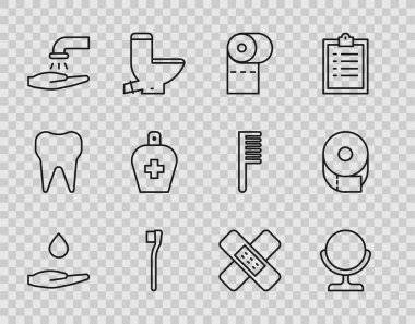 İpi, sabunla yıkama, yuvarlak makyaj aynası, tuvalet kağıdı rulosu, diş fırçası, bir şişe sıvı antibakteriyel, çapraz bandaj ve ikon. Vektör