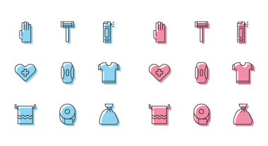 Set line Towel on a hanger, Toilet paper roll, Rubber gloves, Garbage bag, Sanitary napkin, T-shirt, Heart with cross and Shaving razor icon. Vector