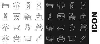 Set line Pipette, Stack hot stones, Aroma candle, Essential oil bottle, Spa salon, diffuser, Massage table and Shower head icon. Vector