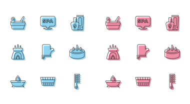Set line Aroma candle, Sauna bucket, ladle, Hairbrush, mittens, Swimming pool with ladder, and Spa salon icon. Vector