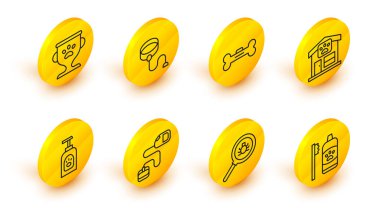 Evcil hayvanlar için diş temizliği, pire araması, geri çekilebilir ip tasması, evcil hayvan şampuanı, tımar, köpek kemiği ve ödül ikonu. Vektör