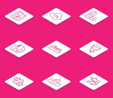 Biyolojik yakıt tüpü, karbondioksit emisyonları, batarya, küresel ısınma, petrol tankeri gemisi, Tornado, yangın ve Iceberg ikonu. Vektör